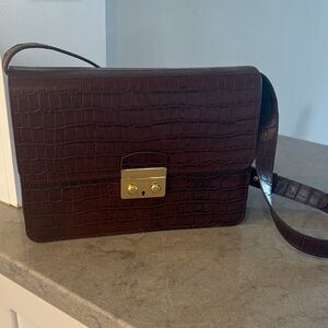 Tuckernuck Croc Embossed Shoulder Bag in Dark Brown with Gold Hardware